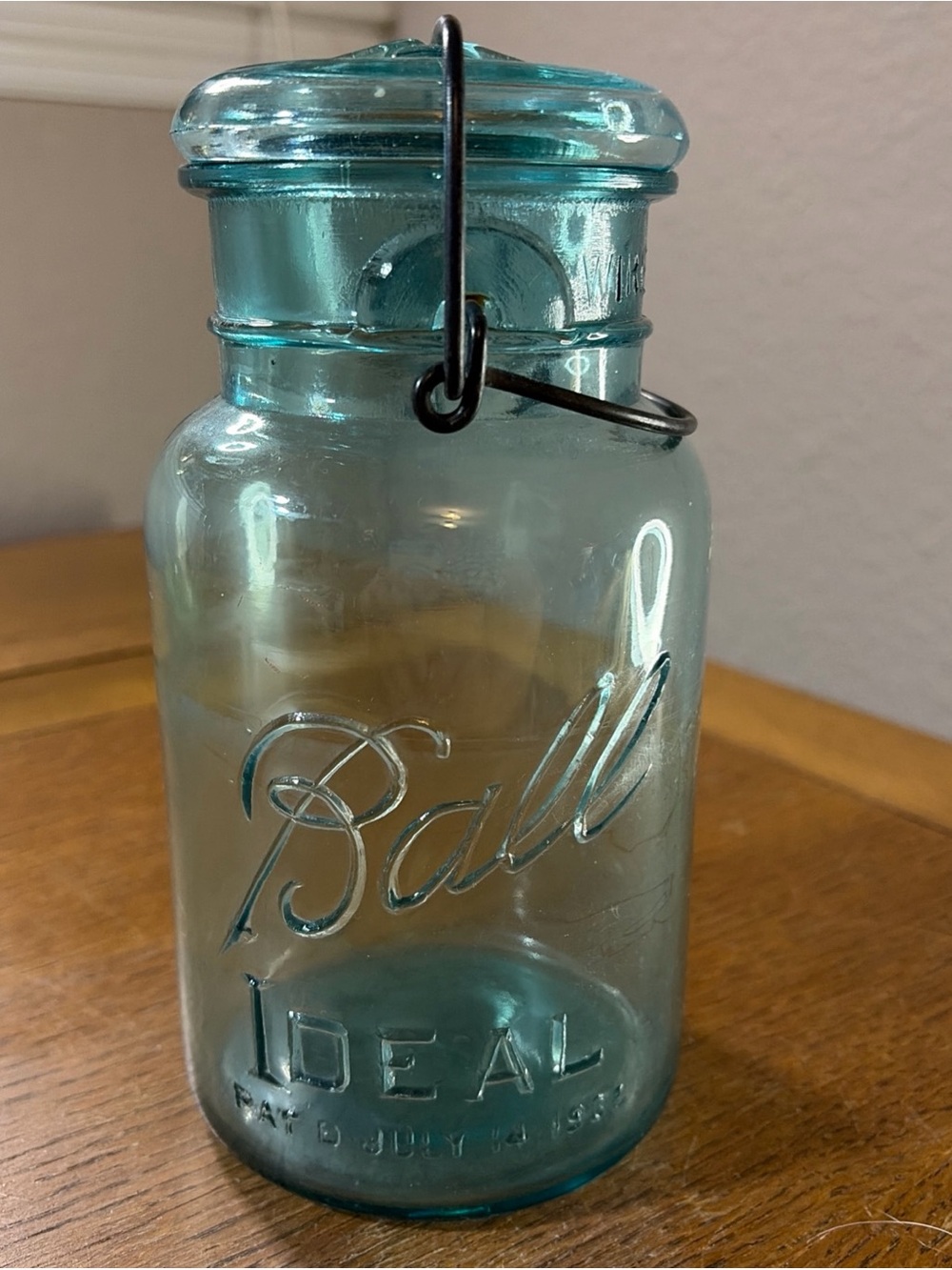 VINTAGE BLUE BALL IDEAL CANNING JAR W/ GLASS LID 1908 WIRE SIDE QUART JAR